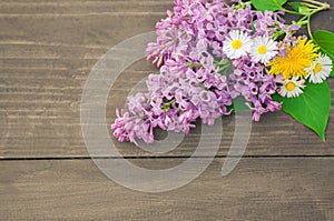 Colorful lilac flowers on wooden background