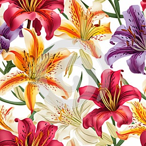 Colorful Lily Flower Pattern On White Background