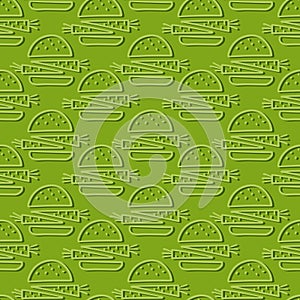 colorful linear vege vegan seamless pattern with hand drawn doodle burger on green background