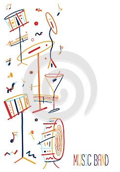 Colorful lineart Jazz Music poster with drum instruments on background.
