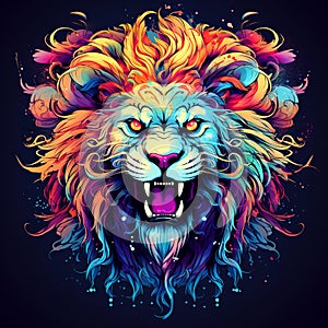 Colorful a lion head on black background. Wild Animals. Mammals.
