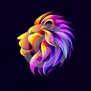 Colorful lion head logo with colorful gradients in purple, yellow, and orange on black background.