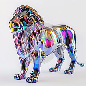 A colorful lion statue standing on a white base, a majestic felidae art piece