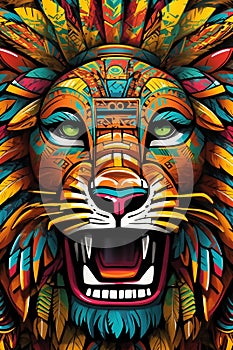 Colorful Lions Face With Open Mouth. Generative AI.