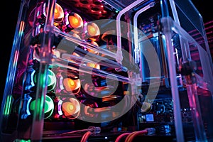 Colorful liquid cooling system with transparent tubing for CPU. Generative AI