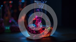 a colorful liquid in a glass vase on a table with other glass vases in the background and a black light in the corner of the room