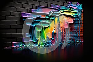 Colorful liquid paints on brick wall. Generative AI