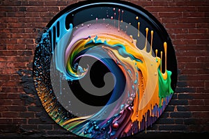 Colorful liquid paints in circle on brick wall. Generative AI
