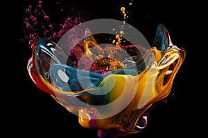 Colorful liquid splash twirl isolated on black background. Generative AI