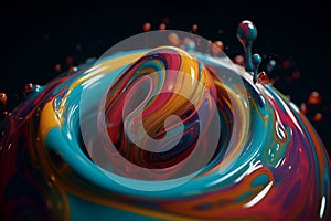 Colorful liquid splash twirl isolated on black background. Generative AI