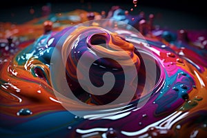 Colorful liquid splash twirl isolated on black background. Generative AI