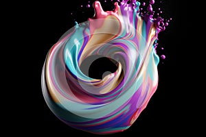 Colorful liquid splash twirl isolated on black background. Generative AI