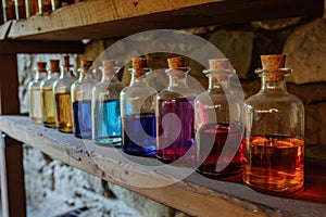 Colorful liquids in glass bottles on a wooden shelf