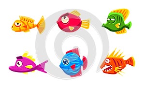 Colorful Little Glossy Fishes Set, Funny Big Eyed Fishes Cartoon Characters Vector Illustration