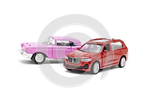 Colorful little mini red pink retro vintage plastic sedan car toy isolated on white background mockup with copy space