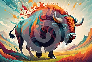 Colorful and lively bison illustration, Generative AI