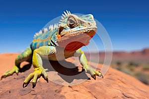 a colorful lizard basking in the sun atop a desert rock