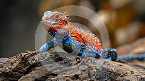 Colorful Lizard Relaxing on Textured Log: Intricate Red and Blue Scales Highlight Reptilian Features