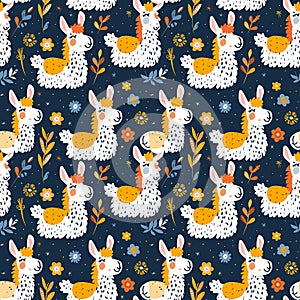 Colorful Llamas and Flowers Whimsical Pattern