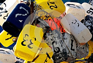 Colorful Lobster Buoys, colorful fishing buoys with numbers, buoys close up, many buoys in one place fragment view, colorful