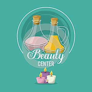 Colorful logo of beauty center with set of floral bottles essences and candles