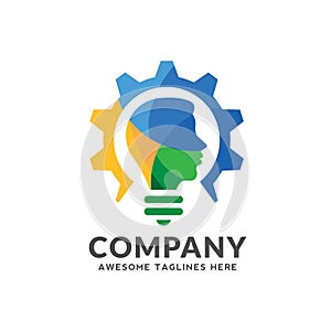 Colorful logo combining bulb, gear with a human head design