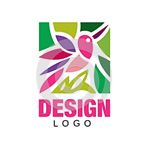 Colorful logo design with abstract pink bird and plants. Original label template in rectangular shape. Vector element