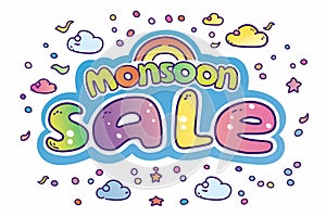 a colorful logo for monsoon sale with a rainbow and clouds