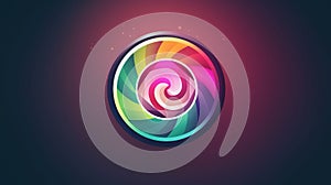 a colorful logo with a spiral design on the bottom of it, and a dark background with a red, yellow, blue, green, pink, and purple