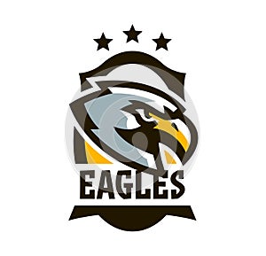 Colorful logo, sticker, emblem of a eagle. Flying bird, hunter, predator, dangerous animal, shield, lettering. Mascot