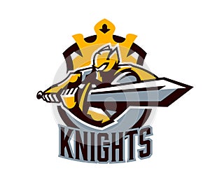 A colorful logo, a sticker, an emblem, a knight is attacking with a sword. Gold armor of the knight, paladin, swordsman