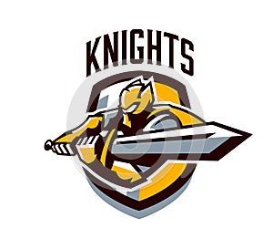 A colorful logo, a sticker, an emblem, a knight is attacking with a sword. Gold armor of the knight, paladin, swordsman