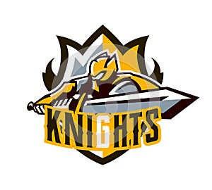 A colorful logo, a sticker, an emblem, a knight is attacking with a sword. Gold armor of the knight, paladin, swordsman photo