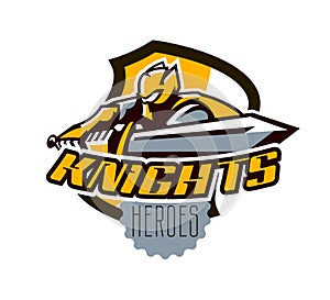 A colorful logo, a sticker, an emblem, a knight is attacking with a sword. Gold armor of the knight, paladin, swordsman