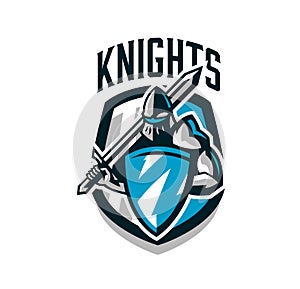 Colorful logo, sticker, emblem of the knight in iron armor. Knight of the Middle Ages, shield, warrior, swordsman