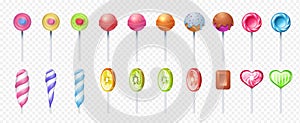 Colorful lollipop set. Round and spiral sweet lolly candies. Sugar food on stick. Vector realistic lollipops