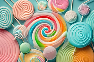 Colorful lollipops on blue background, top view. Flat lay
