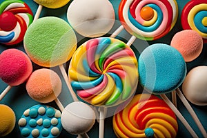 Colorful lollipops on blue wooden background. Top view