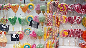 Colorful lollipops on the counter in the city of Kazan in Russia. Sweet treat on the market