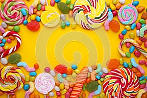 Colorful lollipops and different colored round candy on yellow background