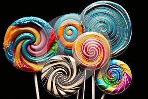 Colorful lollipops isolated on black background, closeup