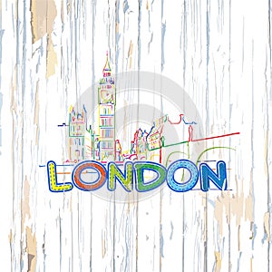 Colorful London drawing on wooden background