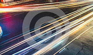 Colorful long exposure light trails across road junction, traffic concept or speed abstract