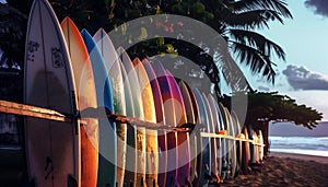 Colorful long surfboards staying in row on the sandy tropical island beach sea cost litted with sunset light during golden hour.