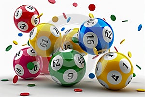 Colorful Lottery Balls with Numbers in Mid Air and Confetti on White Background Chance, Game, Luck