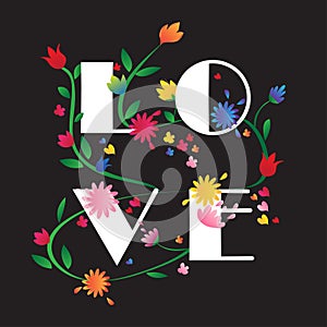 Colorful LOVE flower illustration black background
