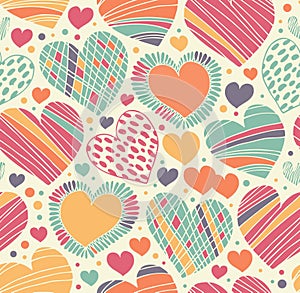 Colorful love ornamental pattern with hearts. Seamless scribble background.