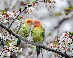 Colorful Lovebirds in Blooming Cherry Blossoms