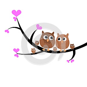 A colorful lovely owl family sitting in a tree vector illustration