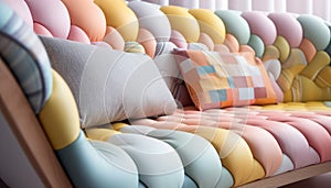 Colorful loveseat tufted sofa with cushions. Created with generative AI